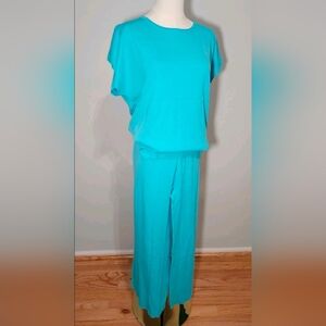 NWOT 2 Piece Knit Pants Set Short Sleeve Blouse Wide Leg Viscose Outfit Size L